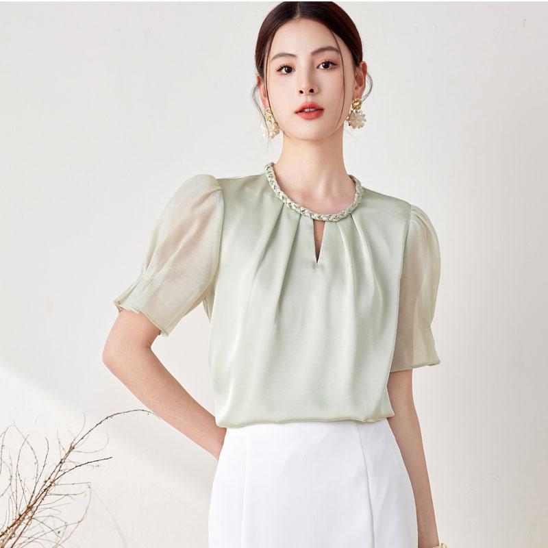 レディース 夏 トップス ブラウス 女性 サテン シフォン シャツ 半袖 ラウンドネック プルオーバー 通勤 オフィス 薄手 軽量 柔らかい スリム フィット お腹 カバー