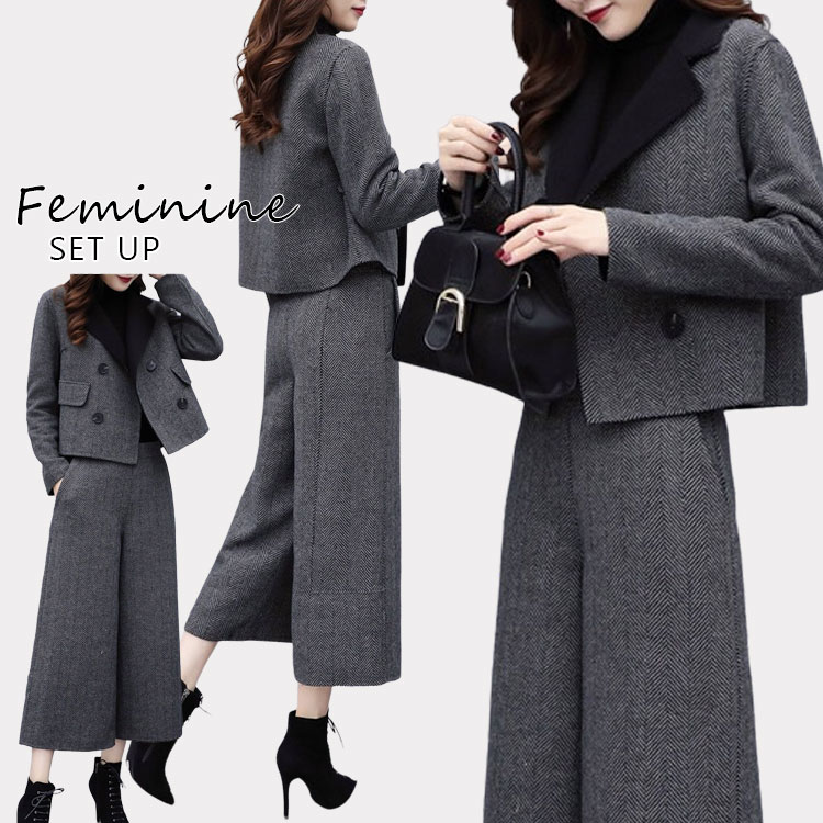 【新作】セットアップ 2点セット パンツスーツ 冬 長袖 大人 上品 上下セットグレー フォーマル 入学式 ママスーツ 卒業式 服 40代 セレモニースーツ ママ セットアップ 秋冬 おしゃれ 入園