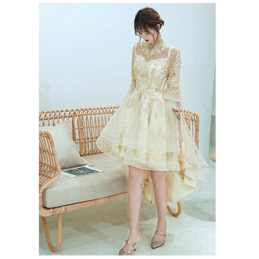 パーティードレス 結婚式 ワンピース 大きいサイズ 立ち襟 ウエディングドレス ミモレ丈ドレス 20