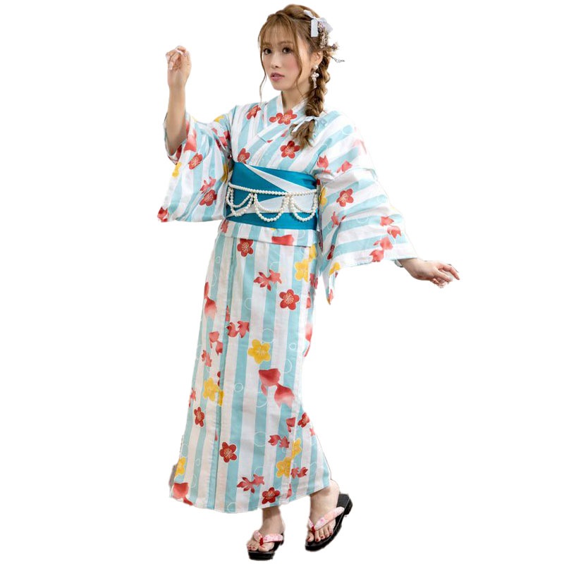 【浴衣セット】水色ストライプ地に金魚と梅文様ゆかた２点セット[H2301015]