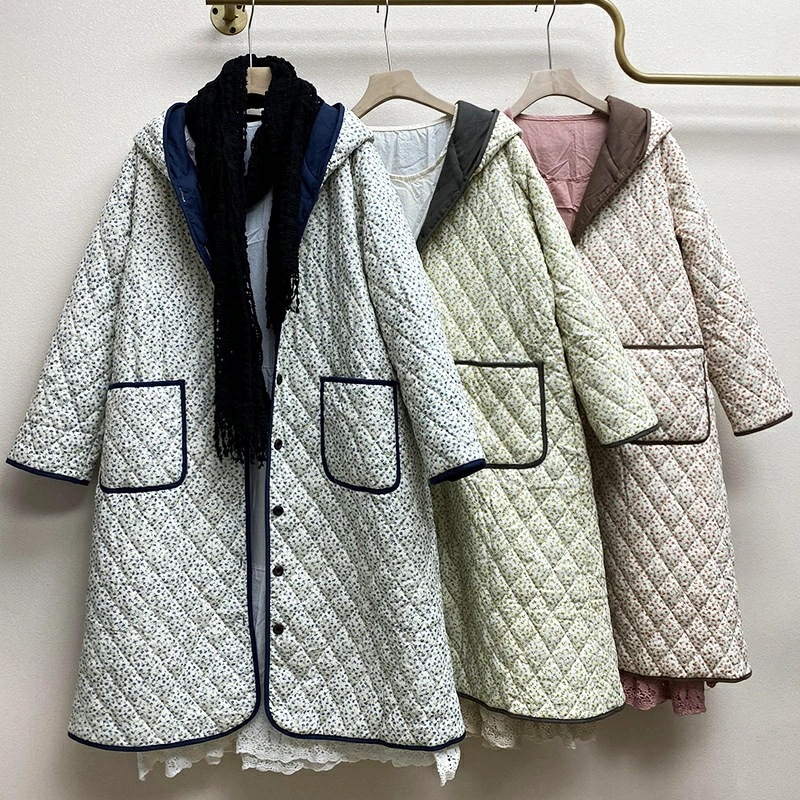 3色おしゃれ新品中綿コートアウターフード付きロングマキシ丈 ジャケット キルティング可愛い花柄 シンプル ボタン留め 棉服 軽量コート 中綿コート 防寒 大きいサイズ