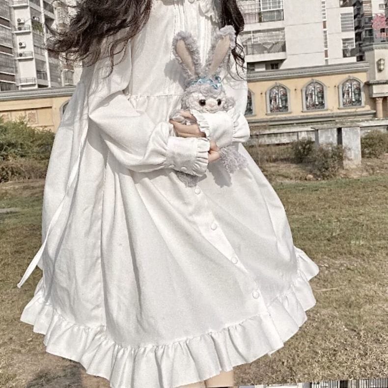 11 春と秋のかわいい日本の白い人形の襟のドレス r n1001-ドレス r n1002-ホワイ