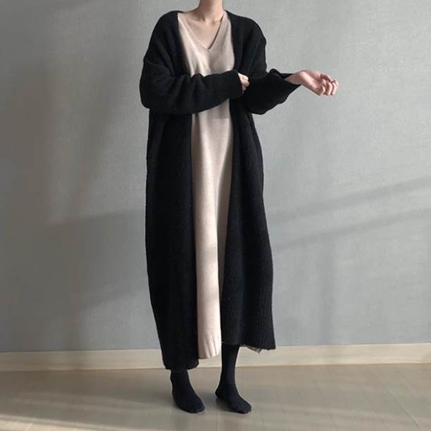 トップス アウター カーディガン ロング ロング丈 袖あり 長袖 Vネック 襟なし モコモコ 前開き ニット 厚手 かわいい 大人可愛い シンプル カジュアル レトロ アジアン エスニック エキゾチッ