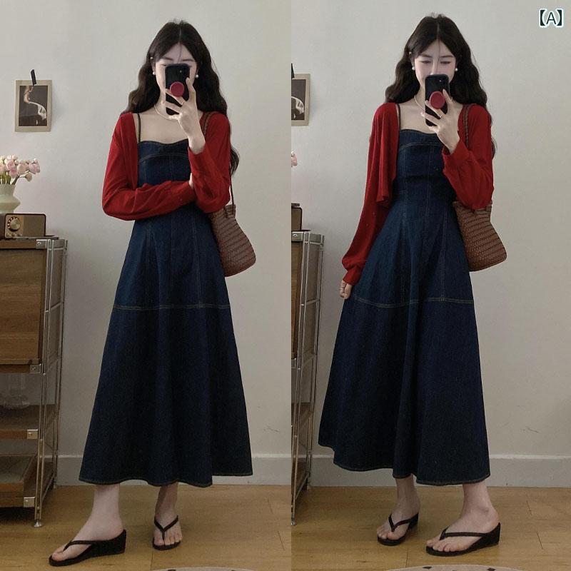 デニム　スタイル　レディース　 赤い 日焼け防止 カーディガンと デニム サスペンダー ドレスの ツーピース スーツ 大きめ サイズ 太め mm レトロ スリム