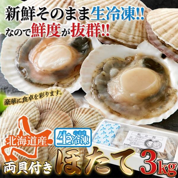 両貝付きホタテ 3kg 北海道産ほたて貝 新鮮 急速冷凍 オホーツク海水揚げ 殻付ホタテ貝 冷凍約3kg