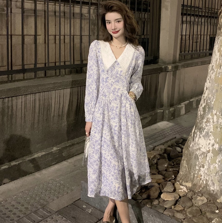 ワンピース デート フレアワンピース ロング ロング丈 袖あり 長袖 かわいい 大人可愛い きれいめ シンプル カジュアル 大人 上品 おしゃれ お洒落 主役級 存在感 柄 花柄 春 秋 10代