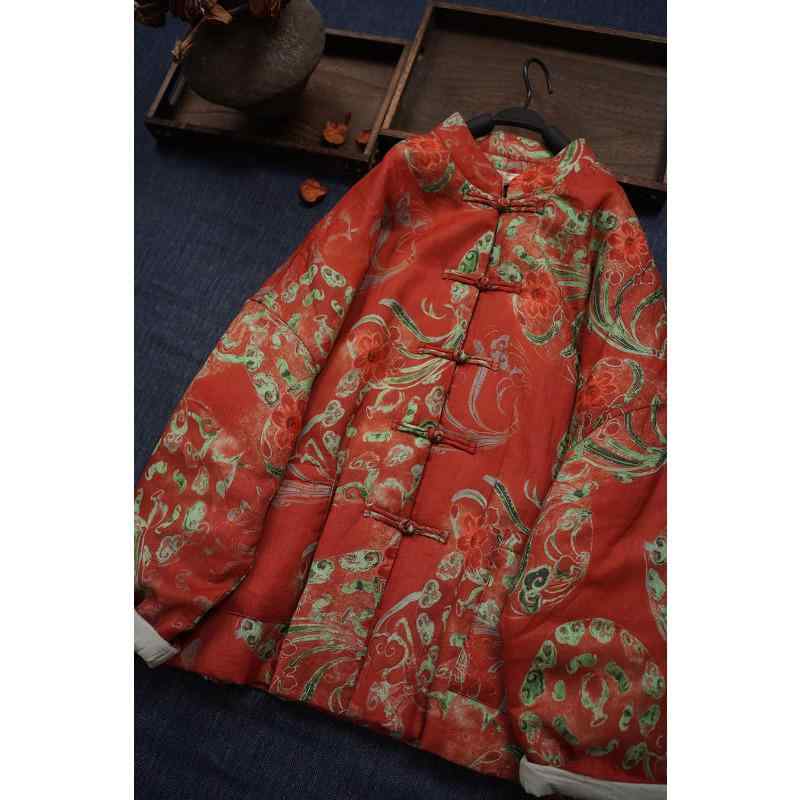 レディース ファッション 服 オシャレ カワイイ シンプル 大人カワイイ 大きいサイズ 綿 リネン プリント 厚手 花柄 パッド ジャケット ダブル ポケット スタンドカラー ク ボタン コート