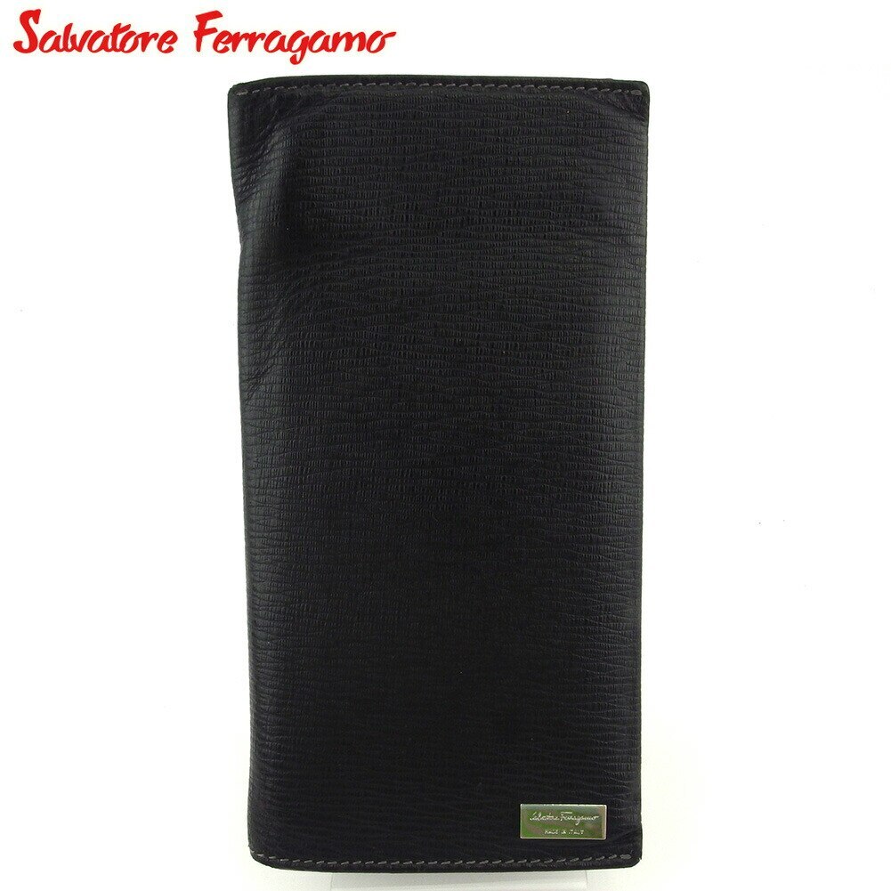 長財布 ファスナー付き 財布 ロゴプレート メンズ ブラック シルバー 中古