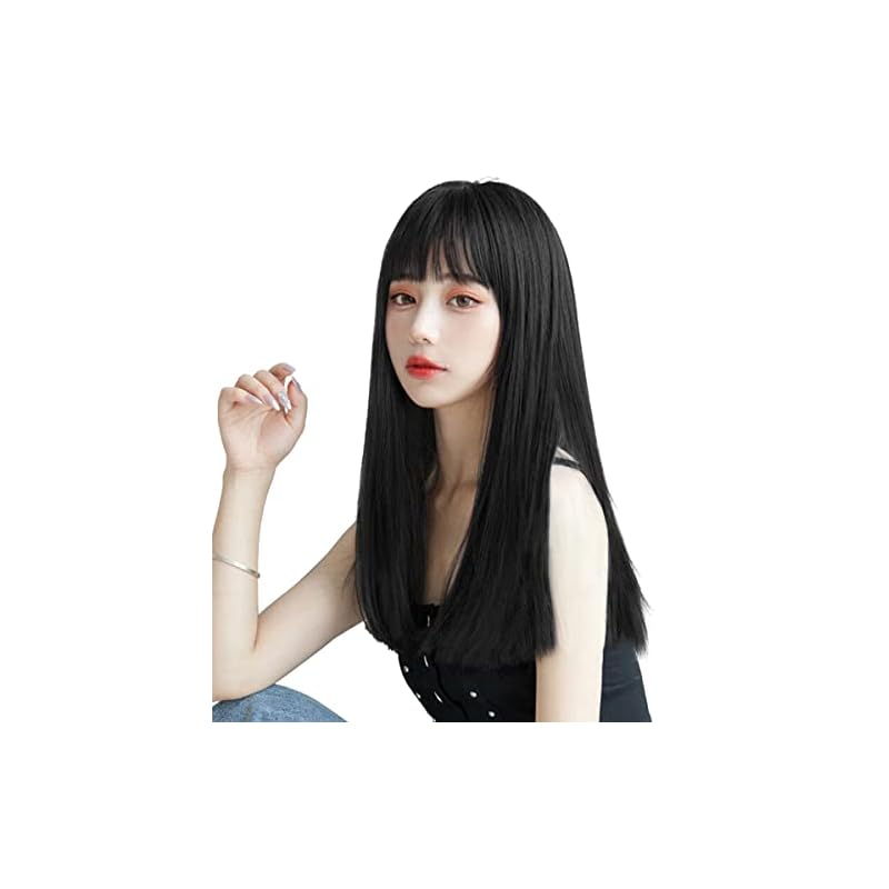 ORSUNCERウィッグ セミロング 黒 ストレート ブラック ミディアム 黒髪 女装 かつら パッツン前髪 小顔 自然 原宿系 耐熱 レディース フルウィッグ ファッション
