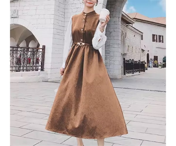 レディース ワンピース プルオーバー ドレス シャツワンピ ロング 長袖 ラウンドネック Aライン ベルト ウエストマーク ポケット ハイウエスト ボタン 大人可愛い きれいめ シンプル カジュアル