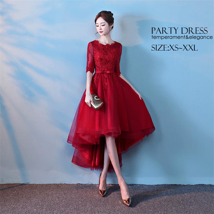 パーティードレス 優雅 ロング 発表会 演奏会 前短後長丈 カラードレス 赤 イブニングドレス 上品 Aライン ウエディングドレス レディース ワンピース 袖付き ロングドレス 20代30代40代50