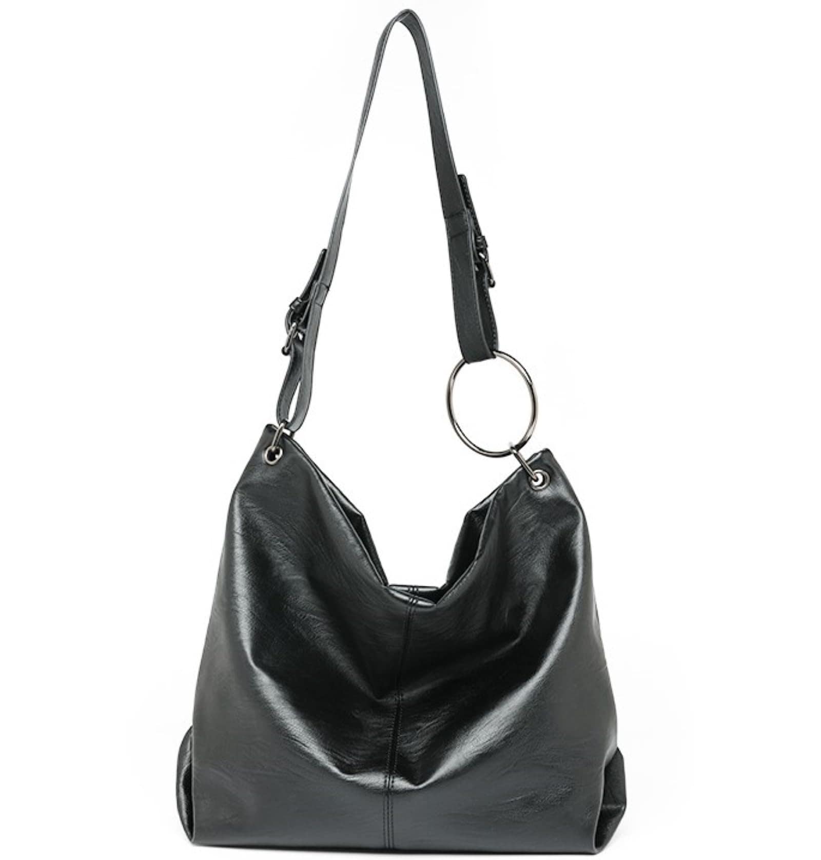 [Petit-Germe] プチジェルム ショルダーバッグ リングデザイン フェイクレザー トートバッグ A4 大容量 ワンショルダー バッグ ブラック 韓国