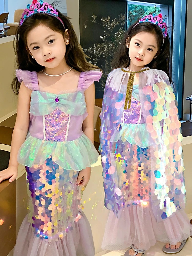 子供ドレス　キラキラマント　2点セット プリンセス　アリエル人魚 　スパンコール　キラキラ　クリスマス 誕生日 プレゼント ハロウィン コスチューム 仮装 ドレス 子供 マーメイド こども ドレ