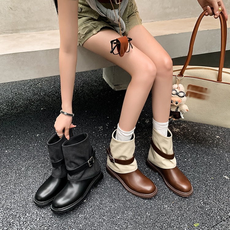 厚底ブーツ 2CM ショート 2025秋冬新作 インソールブーツ中筒 パンツブーツ