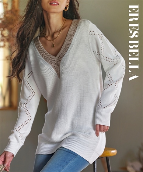 ニット 透かし柄Vネックニットプルオーバー ERES BELLA 5,535円