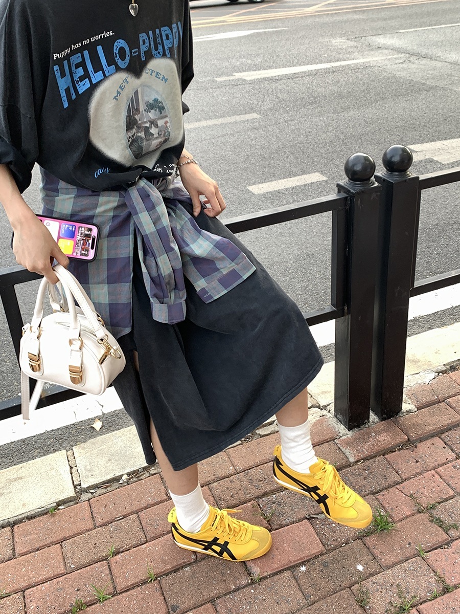 レイジースタイル愛猫プリントミドル丈スリットtシャツワンピースサマーレトロウォッシュロングスカート