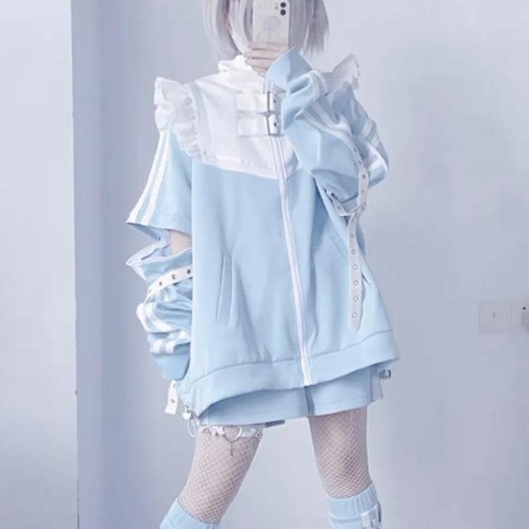 フリルジャケット レッグウォーマー ジャージ 衣装 メンズ 天使界隈 M 派手カワ 原宿 水色 パーカー 地雷系 サブカル 3点セット 原宿系 天使