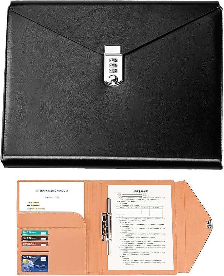 クリップボード バインダー 鍵付き ダイヤル式 二つ折り 重要書類 名刺入れ 書類収納ケース ビジネス オフィス 会議用(ブラック, A4)