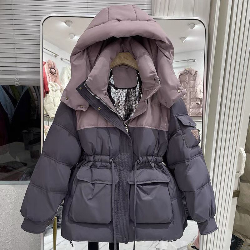 セミロングダウンジャケット女性のパッチワークカラーウエストを収めた白いアヒルの綿毛の厚手のコート 5,330円