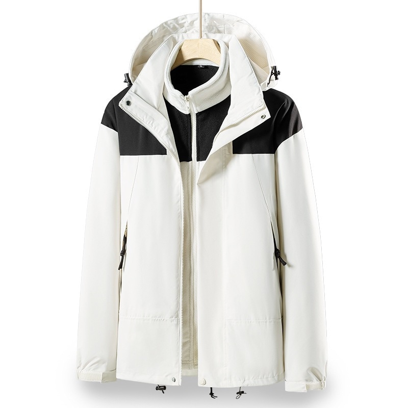 2025年秋冬新作 カップル向け ダブルレイヤー アウトドア カラーブロック スポーツ フリース裏地 スリーインワン フード付き ウィンドブレーカー メンズ