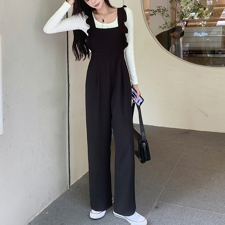 オールインワン サロペット 春服 夏服 秋服 冬服 フルレングス 楽ちん 細見え 日常使い 定番 着回し スタイル 無地 ブラック M L XL 2XL 3XL 4XL 大きいサイズ 小さいサイズ ベ