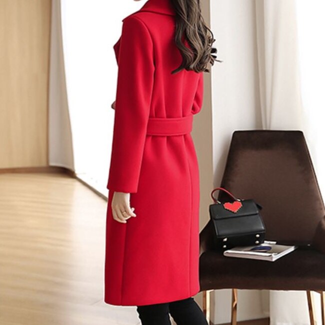 6色 アウター コート レディース 冬 きれいめ 暖かい ひざ丈 長袖 襟付き スリム 細身 ウエストマーク ポケット ハイウエスト 前開き 赤 レッド 茶色 ブラウン ベージュ ピンク カラバリ 濃