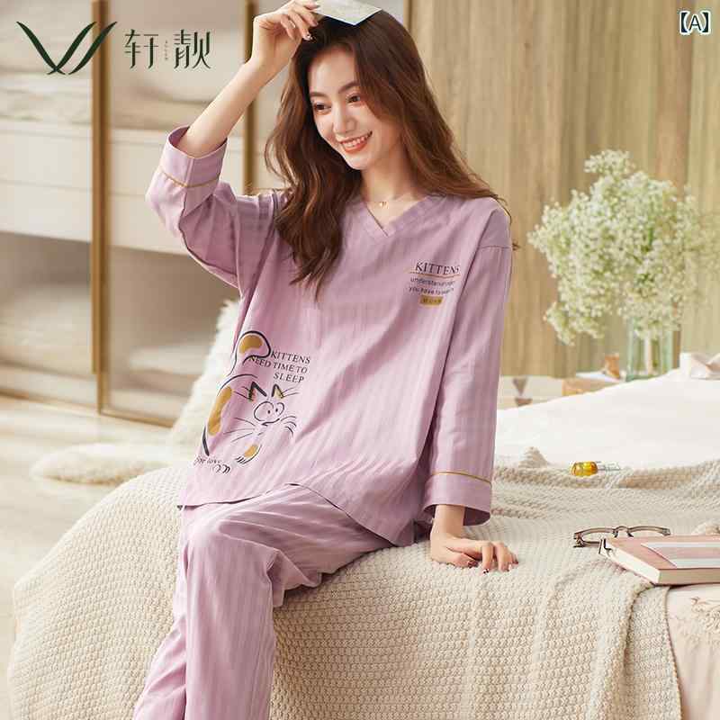 パジャマ レディース 上下セット 春秋 薄手 ルームウェア プルオーバー ウエストゴム 吸汗 通気性 柔らかい 母の日 プレゼント シンプル 紫 ネコ 英字