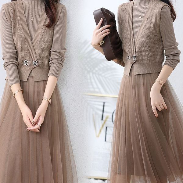 ツーピースニットワンピース秋冬レディース新作ウエスト＆メッシュスカート付き長袖ニットシャツ