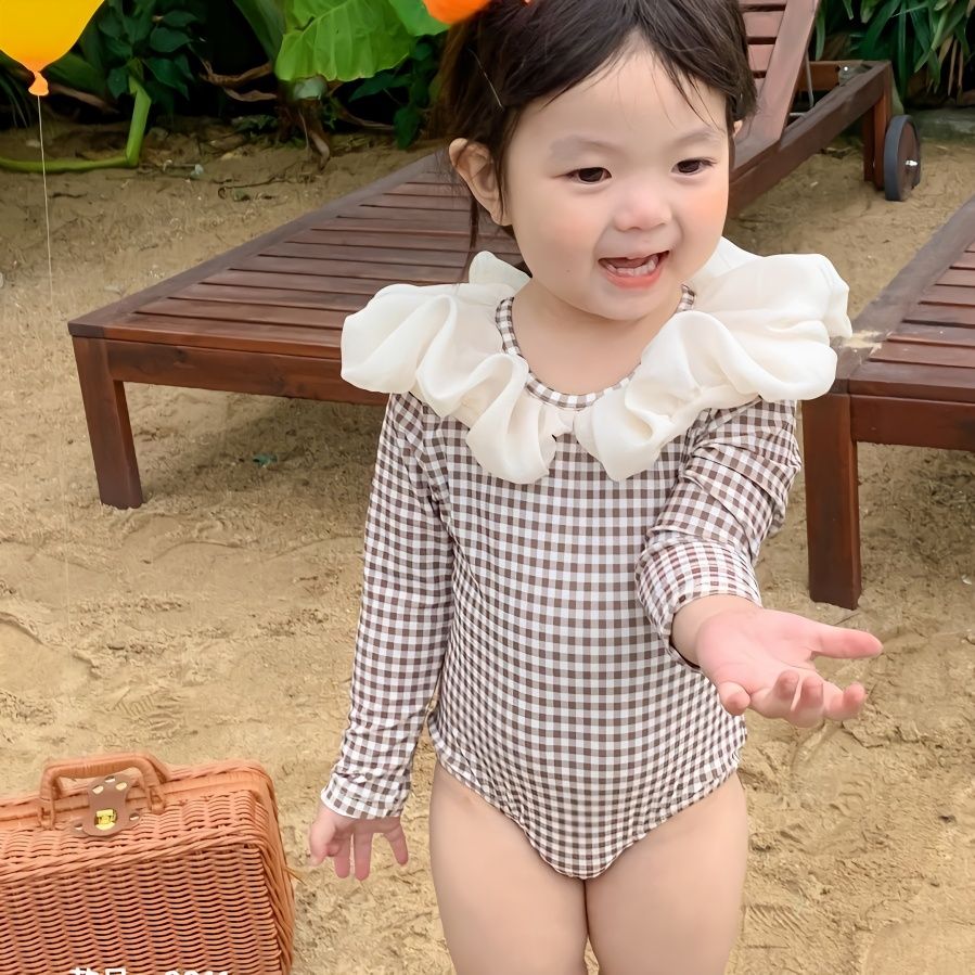 水着 レディース女の子用水着夏新型女の子用エアリーレース襟格子ワンピース 韓国ファッション