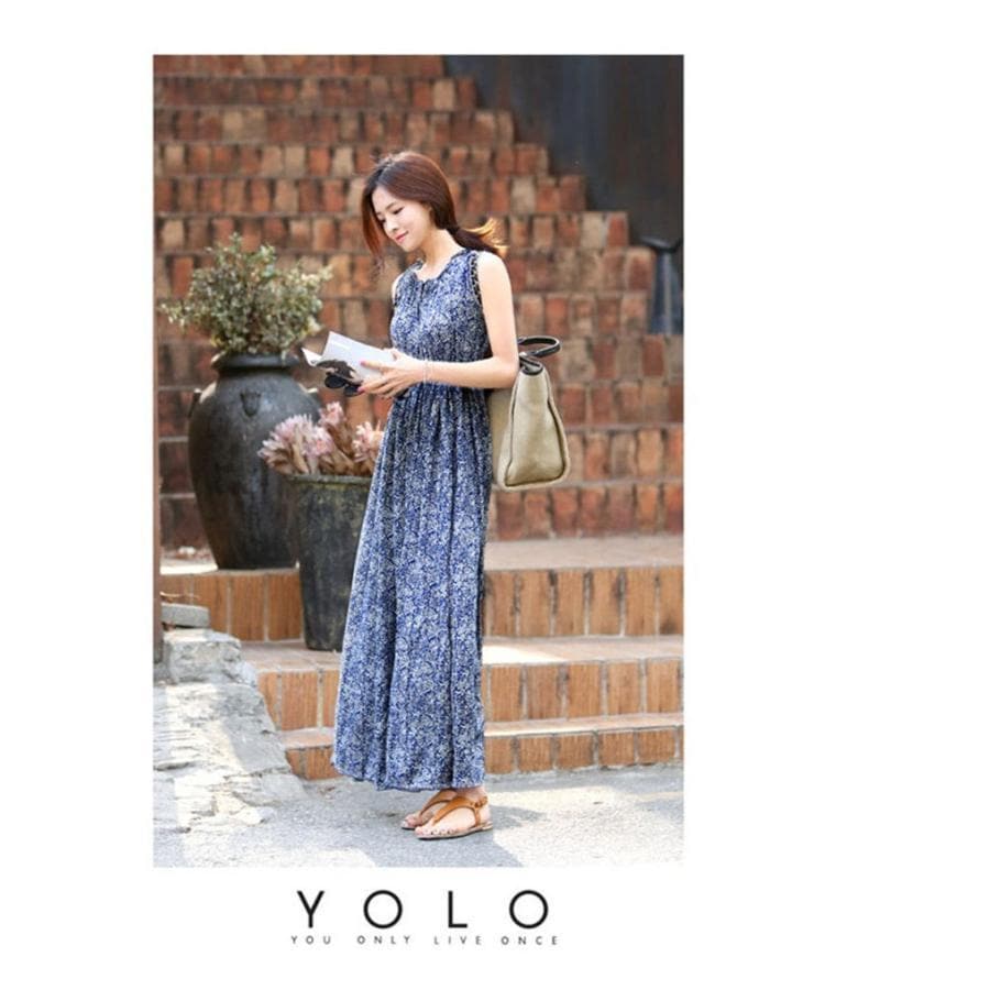 マキシワンピース レディース 夏 ワンピース リゾート マキシ丈 花柄 ノースリーブ キャミワンピ ロングワンピース 旅行 ラウンドネック ウエストゴム ハワイ