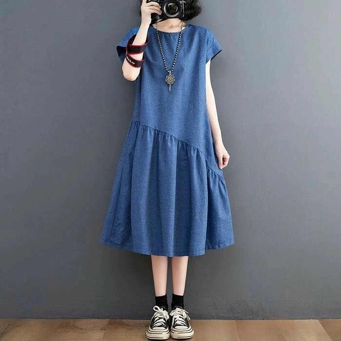 フェミニン 袖あり 切り替え ドレス ミモレ丈 シンプル デニム ワンピース 50代 体型カバー レディース 夏 リラックス ブルー い 半袖 青 楽ちん 20代 Aライン カジュアル