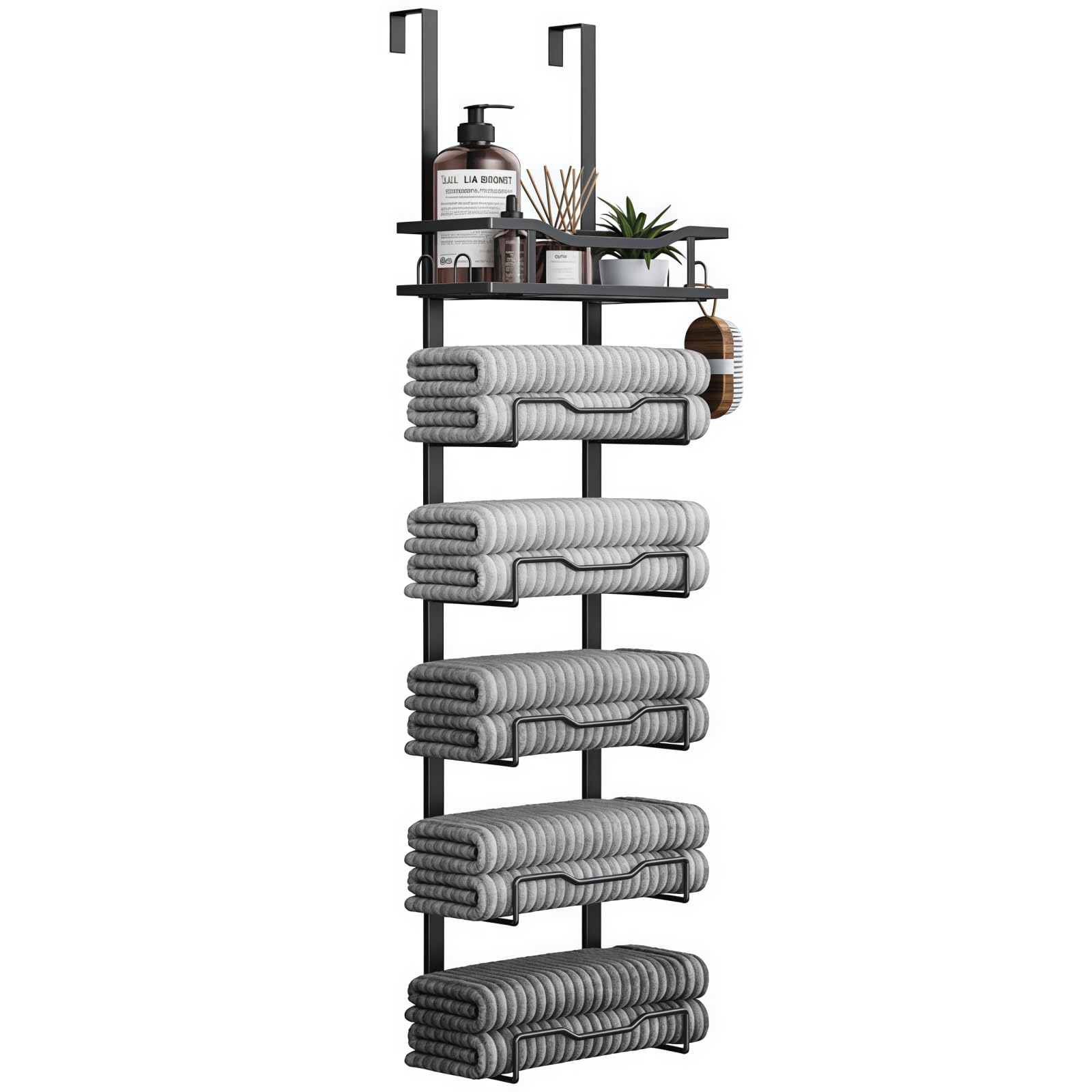 AACV ドア掛けタオルラック バスルーム／ランドリールーム 吊り下げ式 バスタオル収納整理器 ドア後ろ収納 穴あけ不要 多層 スペース節約 (ブラック) [並行輸入品]