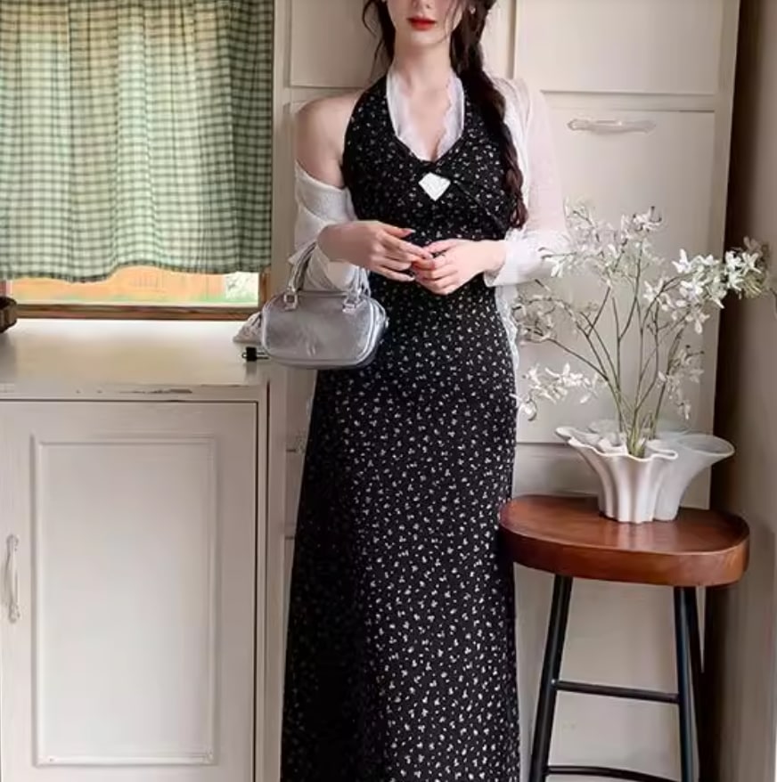 レディース ワンピース ロングドレス ロング マキシ 袖なし ノースリーブ Vネック ホルターネック タイト 細身 ストレート Iライン スマート リボン 大人可愛い きれいめ シンプル 上品