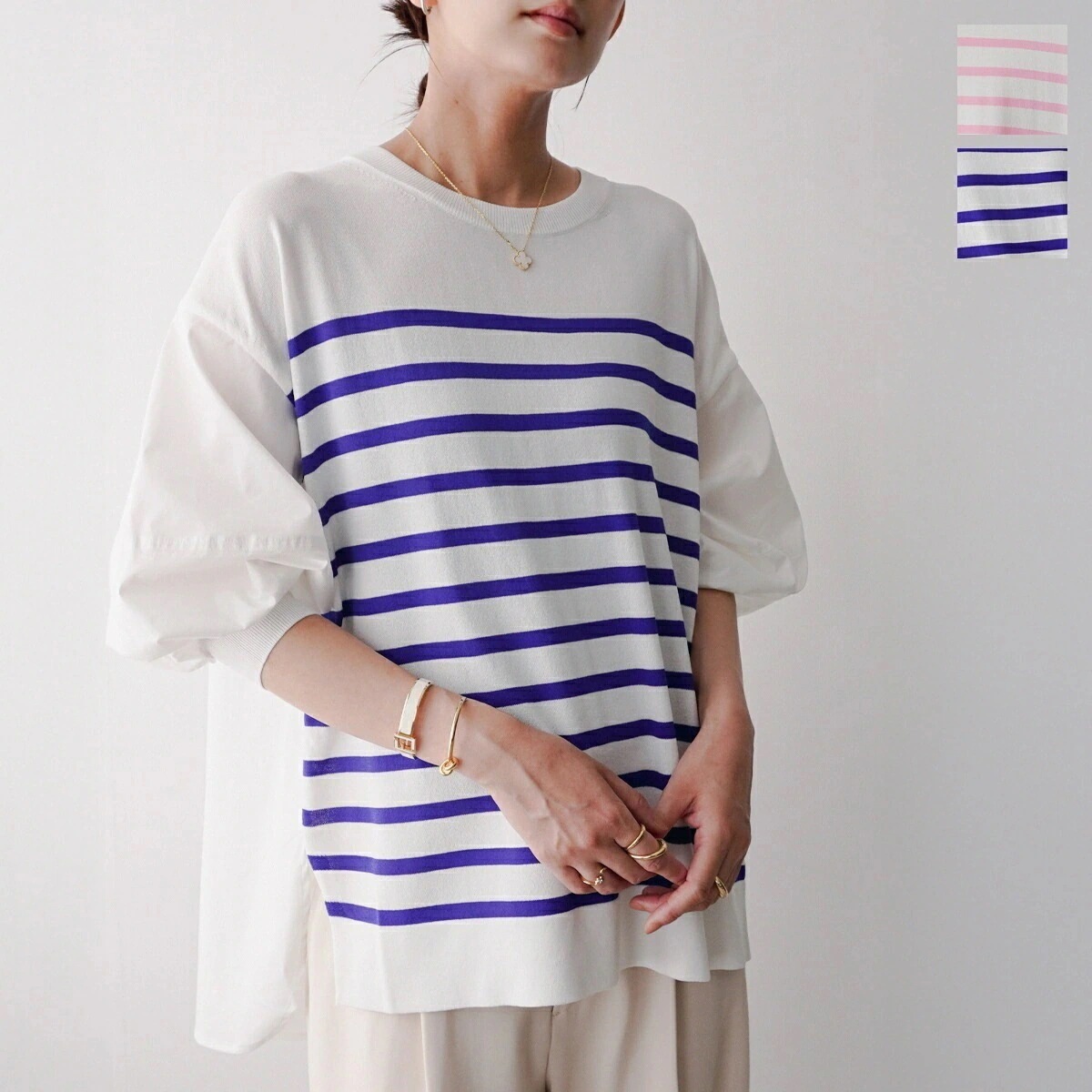 TORRAZZO DONNA トラッゾドンナ ニット ブラウス Border knit×Fabric hybrid tops 6259-551 レディース ボーダー バルーンスリーブ 五分袖 カラー2