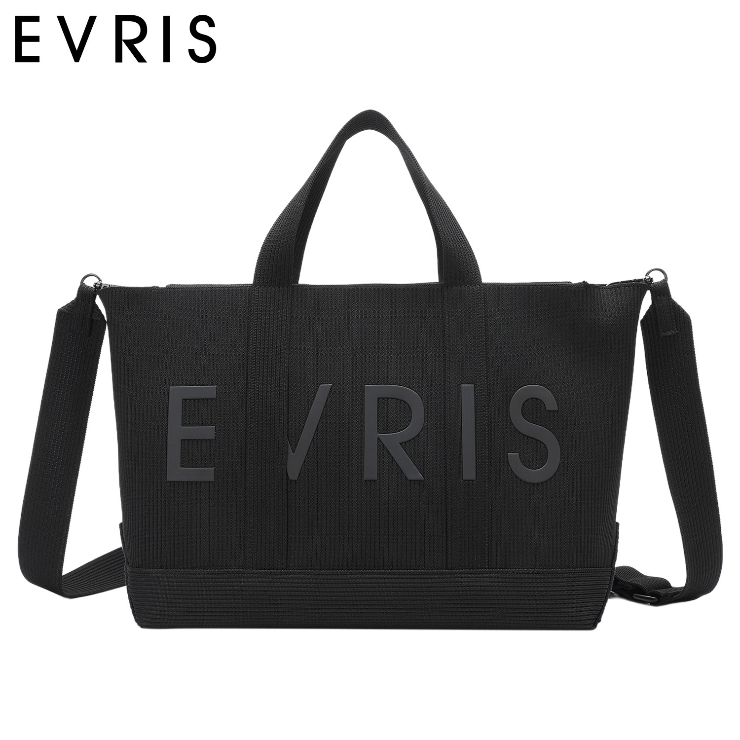 トートバッグ ミティアム ショルダー レディース ファスナー付 軽量 斜めがけ 大人 軽量 ロゴリブニット ブラック 黒 EVR-20230B