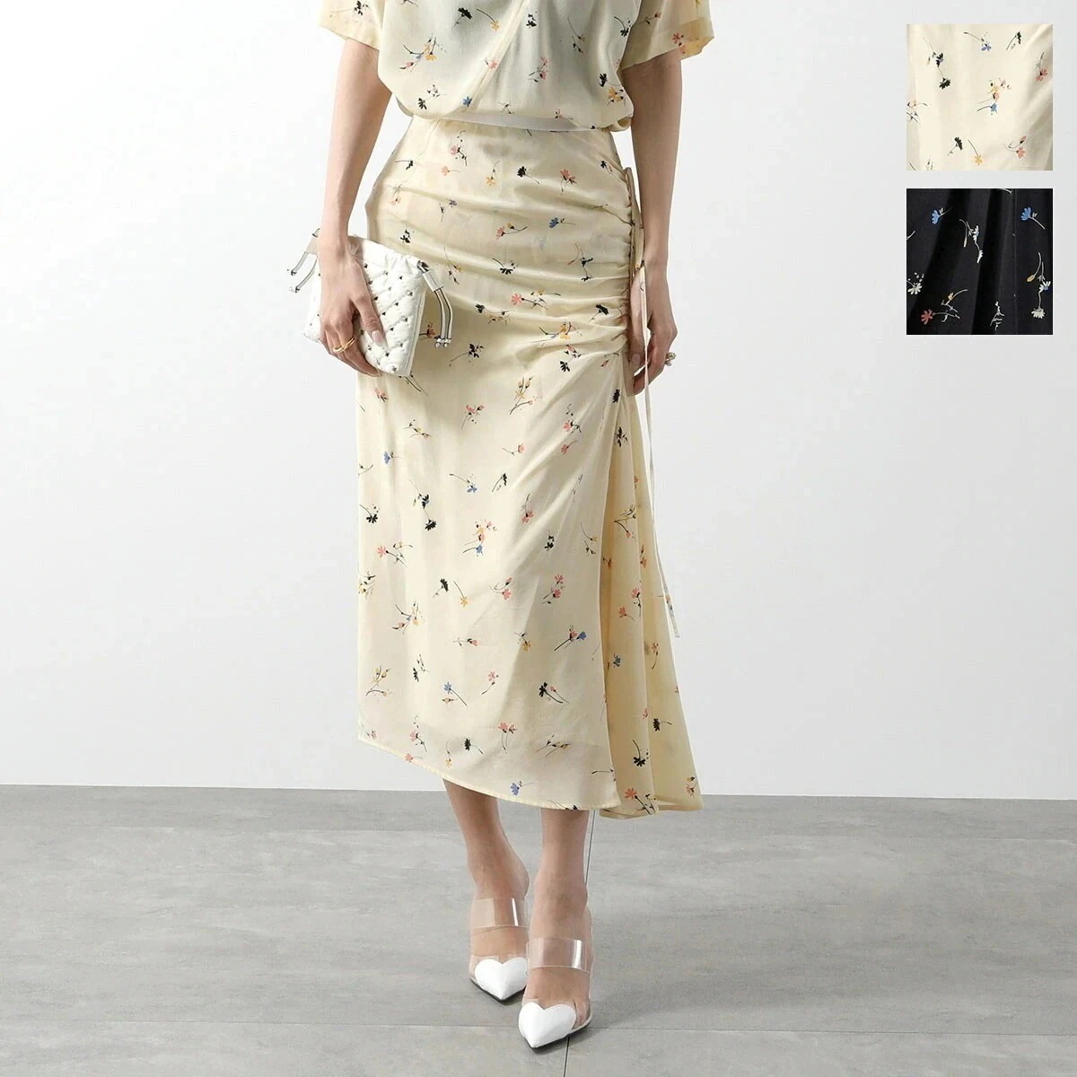 N21 ヌメロヴェントゥーノ ロングスカート C055 5521 レディース 花柄 フレア タイト フラワー ギャザー リボン カラー2色 【ts】