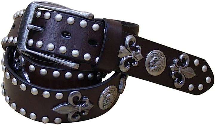 ラクエスト メンズ 革 スタッズ ベルト レザー アンティーク スカル コンチョ ユリ 紋章 レリーフ(ダークブラウン)