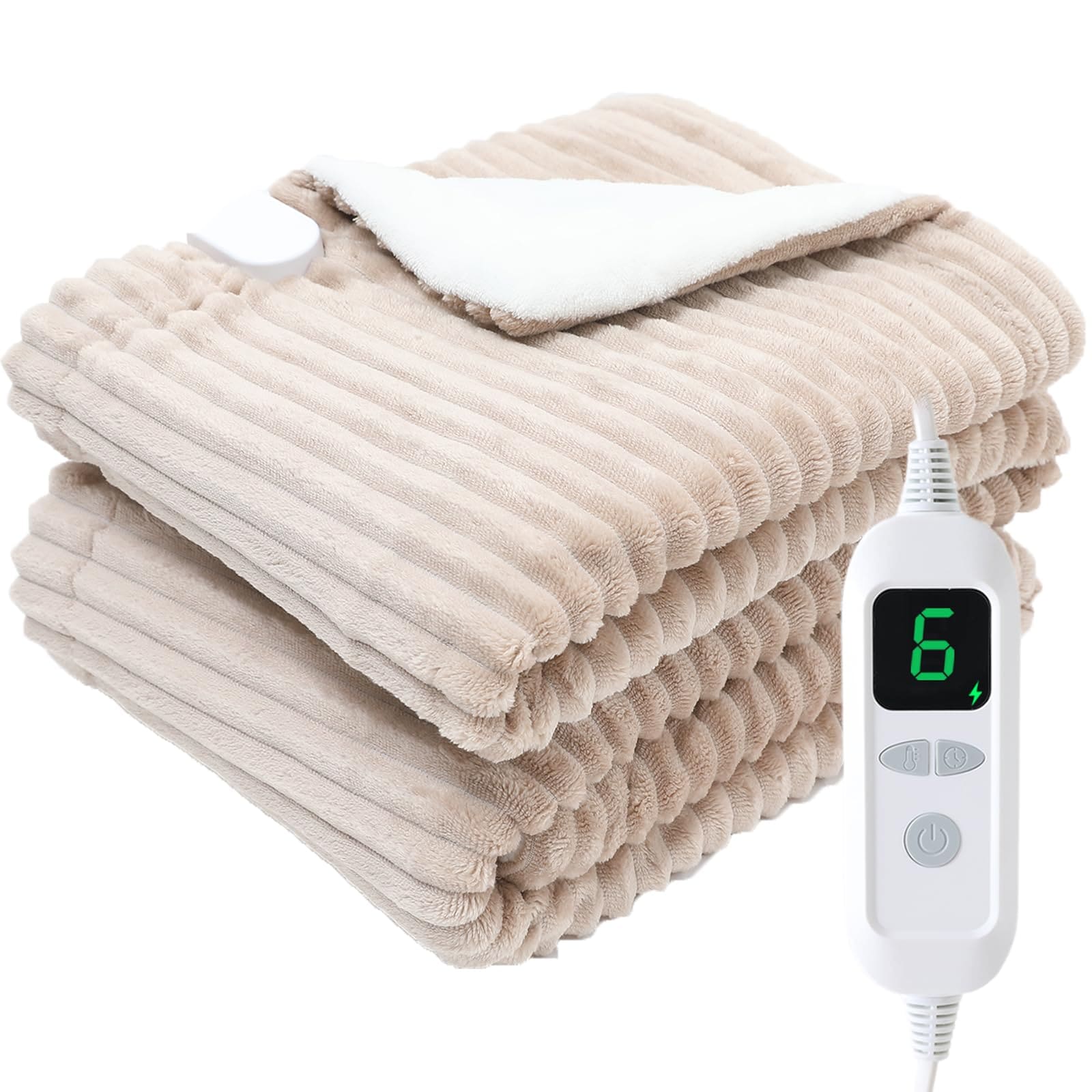 電気毛布 掛け敷き兼用 ひざ掛け 【日本カケン認証＆炭素繊維発熱技術】 両面フランネル タイマー付 2-12時間 ダブル 6段階温度調整可 自動オフ 過熱保護 電気ブランケット 120×60cm 掛け