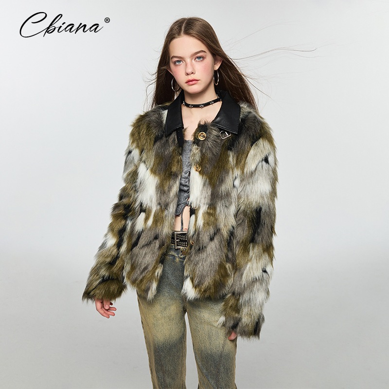 cbiana「レア」レトロおしゃれレアグリーンミックスカラー暖かい冬ミドル丈環境に優しいファー