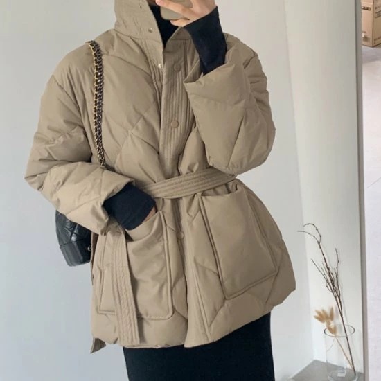 キルティングコート ダウンジャケット 韓国 ペディン レディース アウター 冬 暖かい キルティングダウン ダウンコート キルティングジャケット ウエストリボン コットン ショートコート