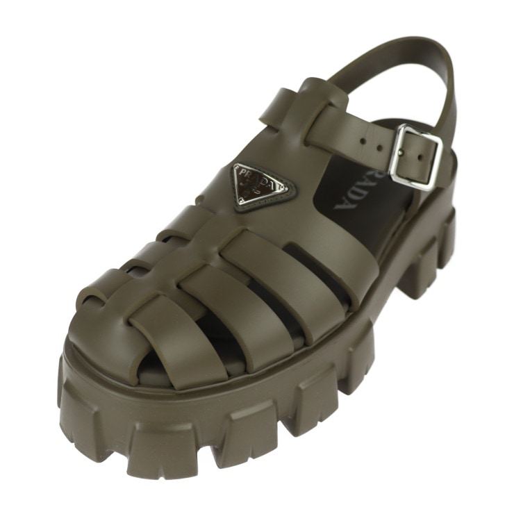 新品未使用展示品 PRADA プラダ サンダル 1X853M 3LKK モノリス ラバー サンダル 表記サイズ 39 ラバー カーキ系 三角ロゴプレート 参考サイズ約26cm 本物保証 中古