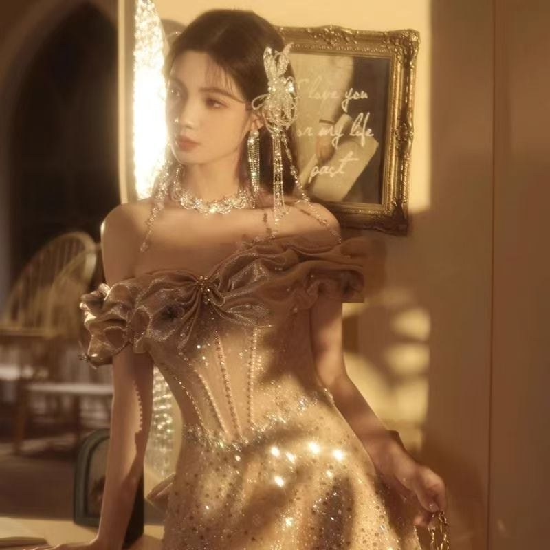 パーティードレス ウェディングドレス 新作 高級感 シャンパン色 ロングワンピース 結婚式 花嫁 成人式 お呼ばれ ウェディング 演奏会 二次会 前撮り ワンピース ロングドレス