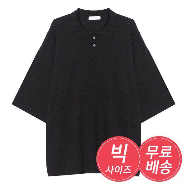 メンズ夏オーバーフィットカラーネック半袖ニットTシャツ AC-KNH-Q015-ブラック