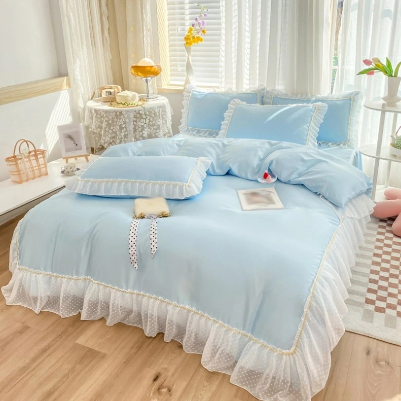 クーポン フリル レース かわいい 布団カバー4点セット フラットシーツ 女の子 ベッドスカート レーヨン素材 布団カバーセット 可愛い プリンセス 姫インテリア ロマンティック シルクみたい お姫様