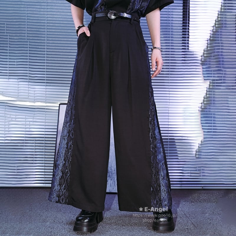 チャイナ風ズボン ワイドパンツ ロング 黒 蛇紋切り替え レディース 飄逸 個性的 暗黒 ボトムス 合わせやすい