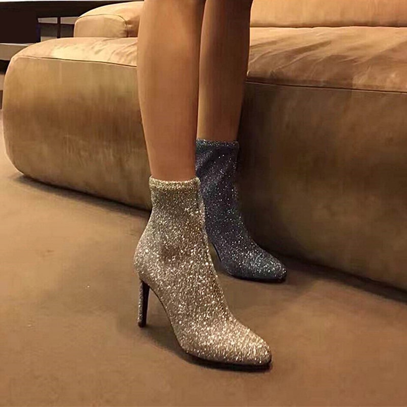 スパンコールストレッチストッキングブーツ. ラウンドトゥ. スティレットヒール. ハイヒール. アンクルブーツ. レディース. ショートブーツ. ２カラー a2746