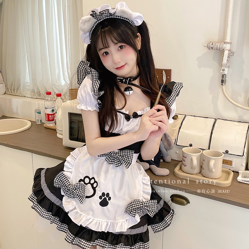 青年解説黒猫メイド服黒シルクロリータキュートドレス