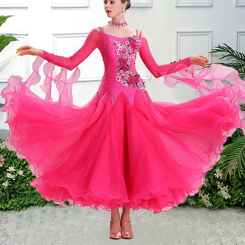 G　社交ダンス衣装レディースモダンドレス　発表会ワルツドレス　モダン競技試合ワンピース　豪華刺繍花柄飾　4色　サイズ調整対応　品番1650