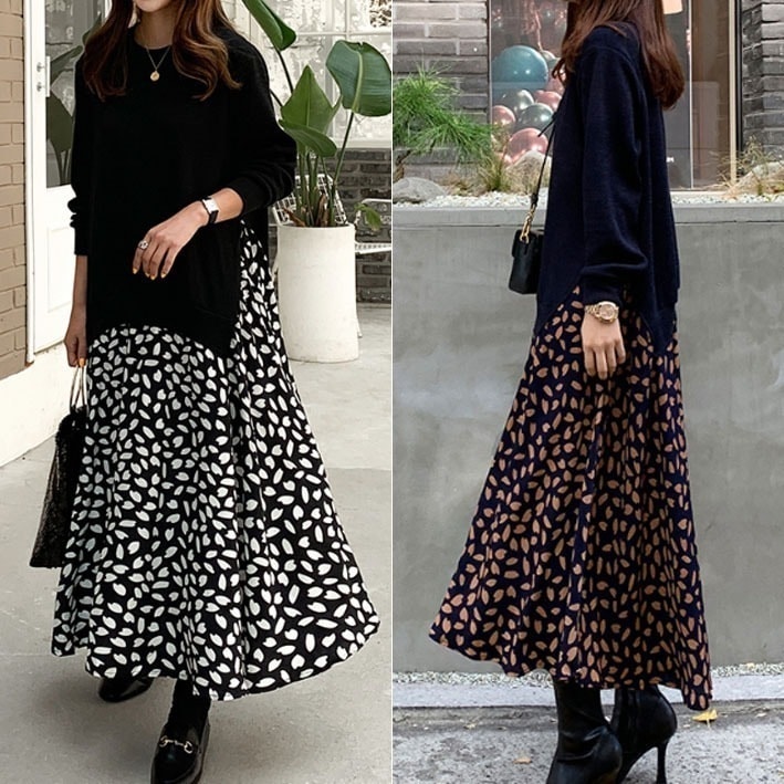 大きいサイズ ワンピース ロングワンピース 長袖 ニット 韓国 レディース オルチャン Aライン ロング丈 ラウンドネック ルーズ かわいい 花びら柄 桜 プラスサイズ 大人可愛い