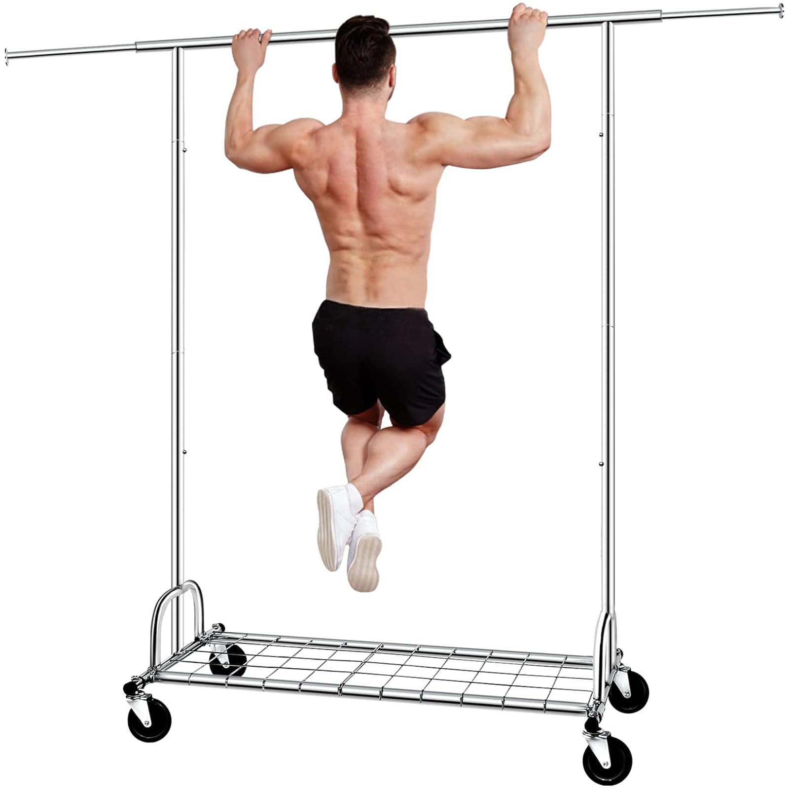 SPECILITE パイプハンガーラック 耐荷重217kg 大容量 幅130~190cm 頑丈なメタル 折り畳める 幅高さ伸縮 組み立て簡単 衣類収納 キャスターと棚付き シルバー